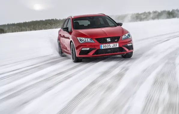 Картинка зима, снег, красный, занос, универсал, Seat, 2017, Leon Cupra ST