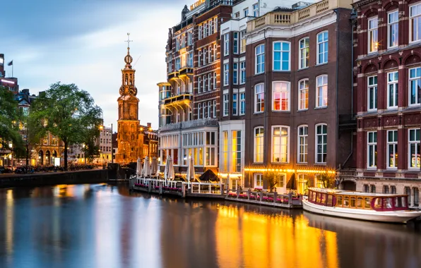 Здания, Амстердам, канал, Нидерланды, набережная, Amsterdam, теплоход, Netherlands