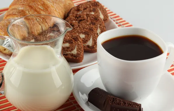 Картинка кофе, шоколад, молоко, выпечка, круассан