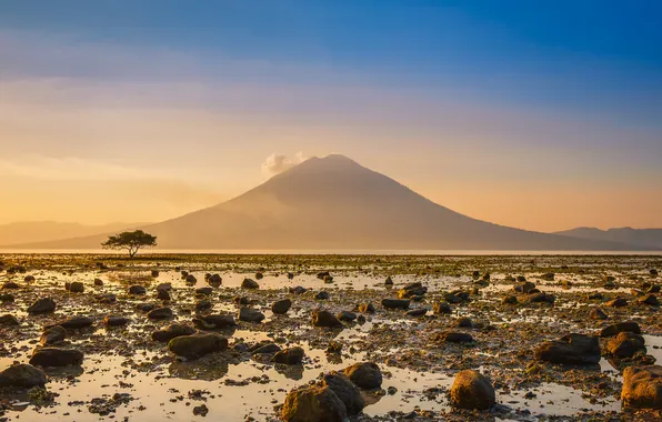 Небо, вода, деревья, горы, камни