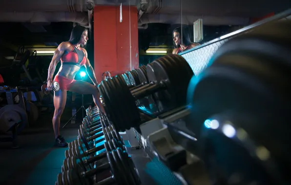 Lights, Brunette, muscles, pose, mirror, workout, fitness
