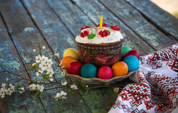 Свеча, яйца, ветка, Пасха, кулич