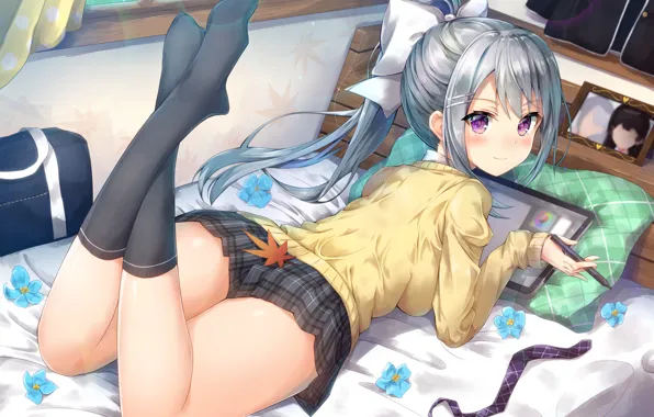 Девушка, арт, лежит, nijisanji, higuchi kaede