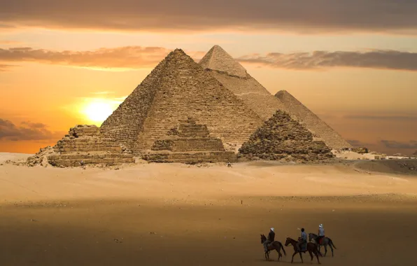 Закат, Египет, пирамиды, огромные