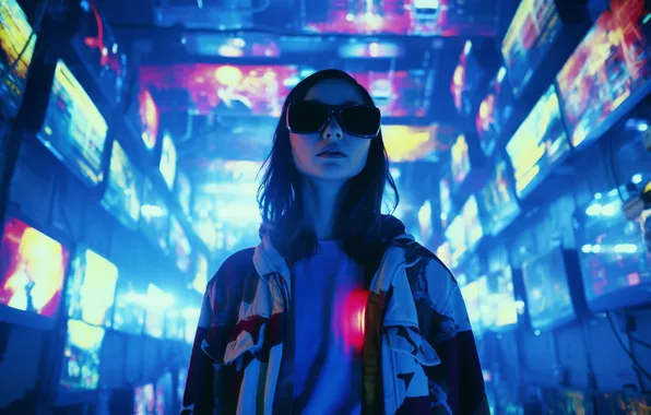 Картинка city, girl, night, glasses, ai art