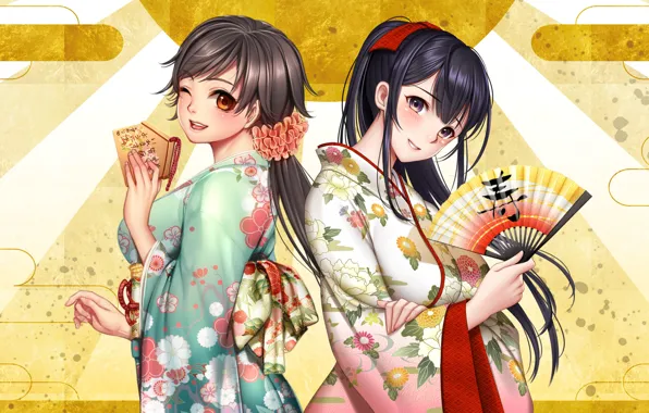 Девушки, веер, кимоно, юката, anime, art, masami chie, yoyogi akari