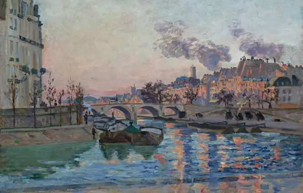 Мост, река, Париж, дома, картина, Paris, городской пейзаж, Арман Гийомен