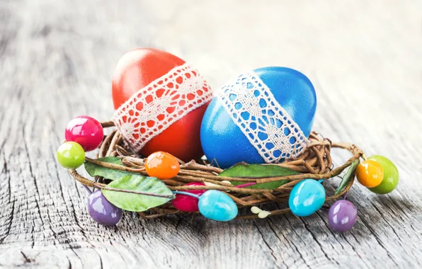 Яйца, colorful, Пасха, happy, wood, Easter, eggs, decoration