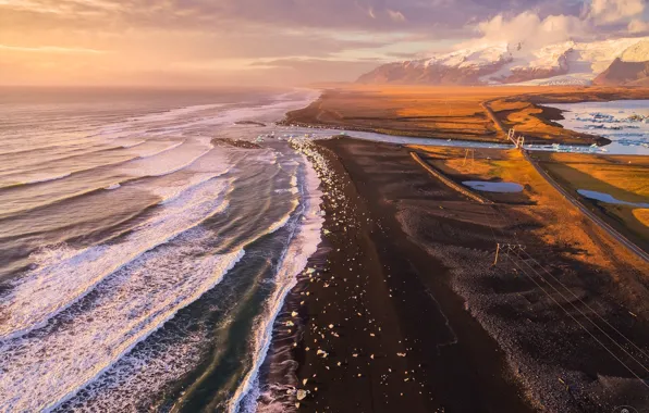 Картинка море, пляж, горы, берег, вид, лёд, Исландия