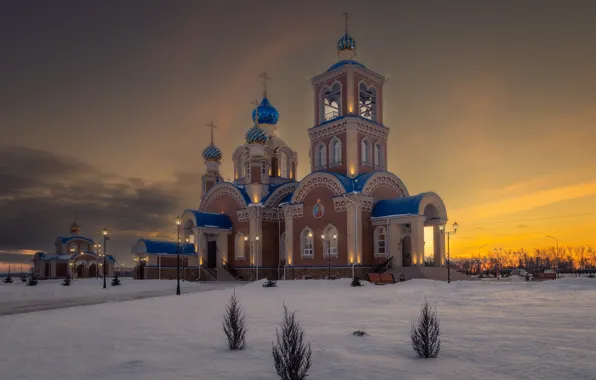 Картинка зима, снег, пейзаж, вечер, храм, Николай Брытков