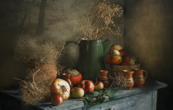 Листья, стол, яблоки, чайник, лук, укроп, сухие, тыквы