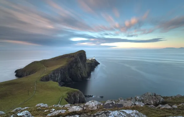 Море, небо, облака, океан, скалы, маяк, шотландия, на краю