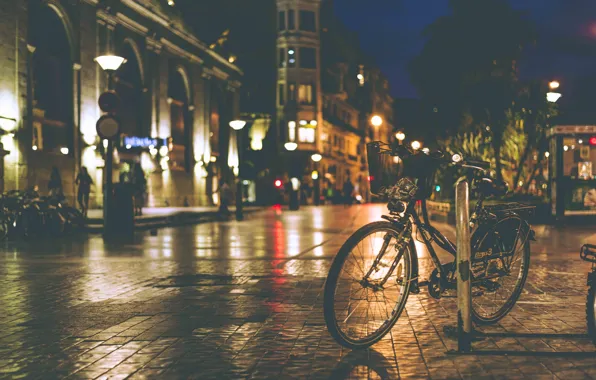 Картинка ночь, велосипед, огни, тень, тротуар