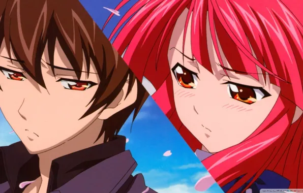Девушка, парень, красные волосы, Kaze No Stigma, Kazuma Yagami, Ayano Kannagi, Печать ветра