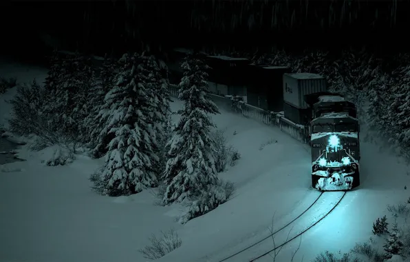 Картинка снег, ночь, мрак, рельсы, поезд, ель, Лес, локомотив