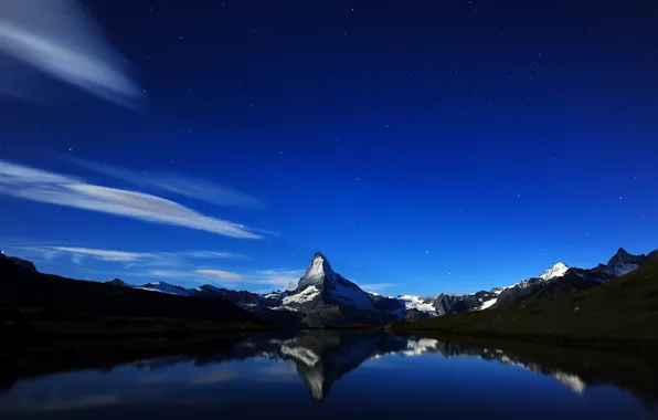Горы, ночь, швейцария, Matterhorn's Midnight Reflection