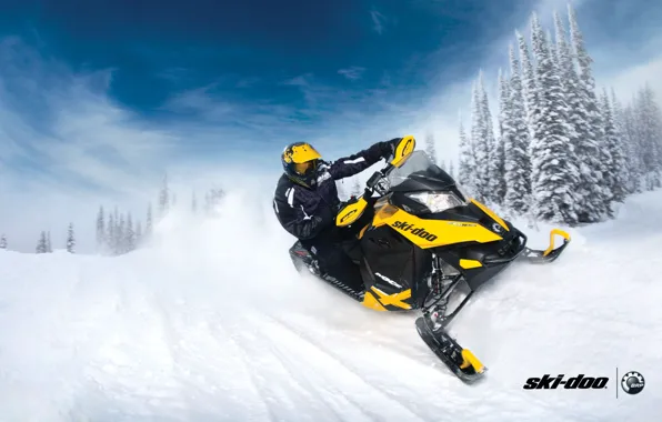 Картинка лес, снег, жёлтый, спорт, sport, snow, снегоход, snowmobile