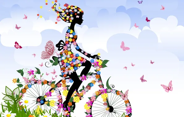 Картинка лето, небо, трава, девушка, облака, бабочки, цветы, велосипед