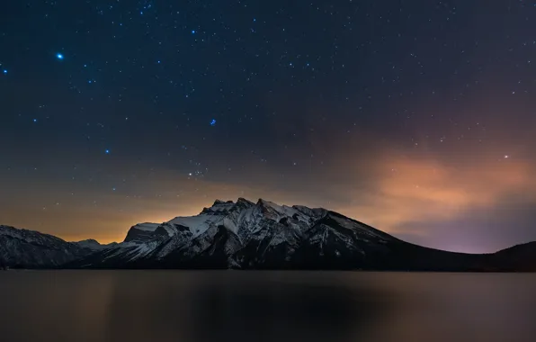 Night, mountain, lake, stars, canada, alberta, banff