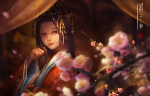 Картинка девушка, цветы, лепестки, сакура, кимоно, шторы, заколки, цифровая живопись
