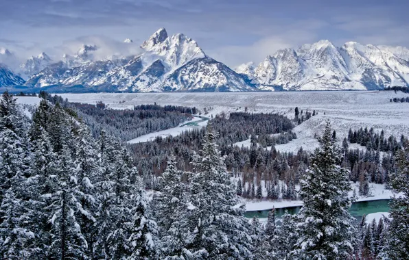 Картинка зима, лес, небо, снег, деревья, горы, природа, река