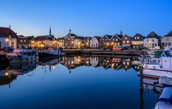 Картинка огни, дома, Нидерланды, гавань, Oude-Tonge