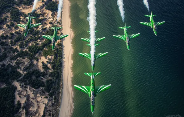 Картинка Море, Дым, Берег, Пилотажная группа, Hawker Siddeley Hawk, Звено, HESJA Air-Art Photography, Saudi Hawks