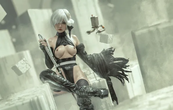 Nipples, boobs, short hair, model, women, cosplay, white hair, looking at viewer