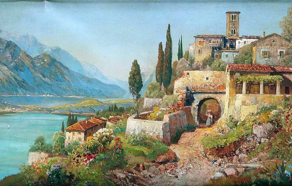 Дома, Девушка, Горы, Озеро, Деревья, Картина, Alois Arnegger, Алоис Арнеггер