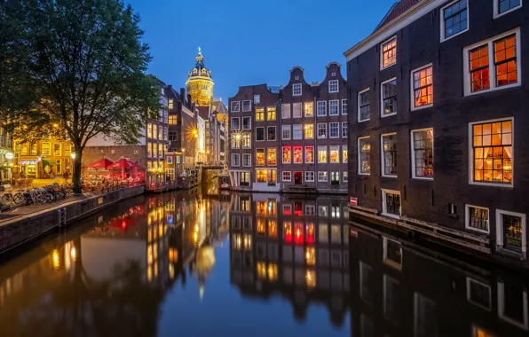 Картинка огни, вечер, канал, Нидерланды, Amsterdam, Голландия