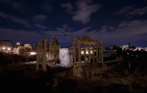 Ночь, Рим, Италия, колонны, руины, Форум