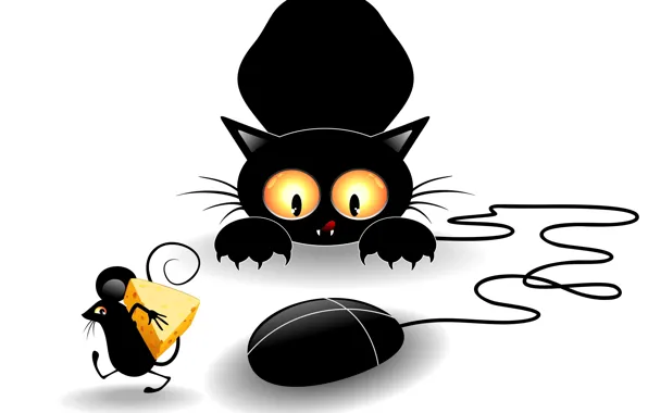 Картинка кот, взгляд, черный, вектор, лапы, сыр, мышка, когти