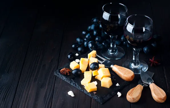 Картинка вино, сыр, бокалы, виноград