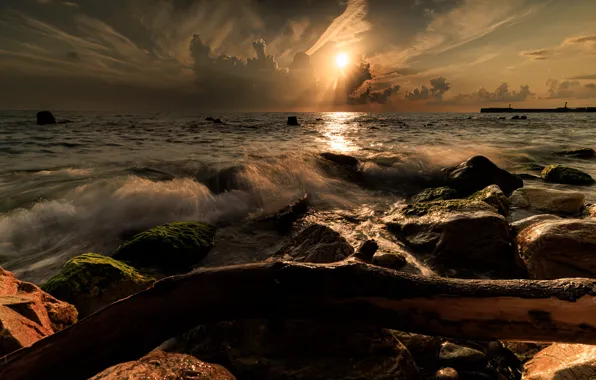 Картинка waves, photography, sea, sunset, clouds, rocks, pier, sunlight