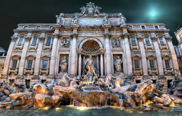 Картинка огни, вечер, Рим, Италия, фонтан Треви