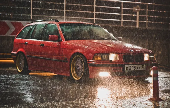 Дождь, BMW, red, BBS, e36, Touring