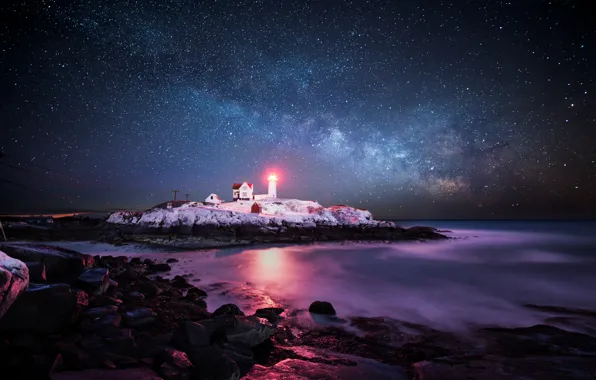 Картинка небо, звезды, свет, маяк, остров, атлантический океан, USА, York Corner