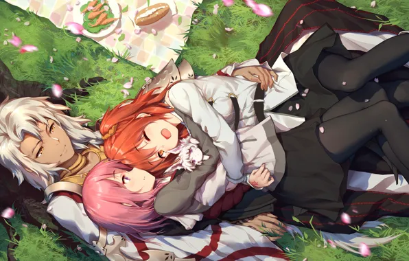 Девушки, арт, парень, пикник, Fate / Grand Order, Судьба великая кампания