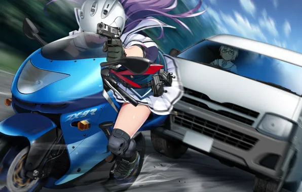Машина, девушка, пистолет, скорость, мотоцикл, Grisaia: Phantom Trigger