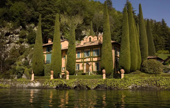 Деревья, озеро, вилла, Италия, Комо, Cipressi Villa