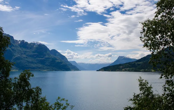 Небо, облака, горы, озеро, Норвегия, Norway, Sogjnefjord, Lustrafjord