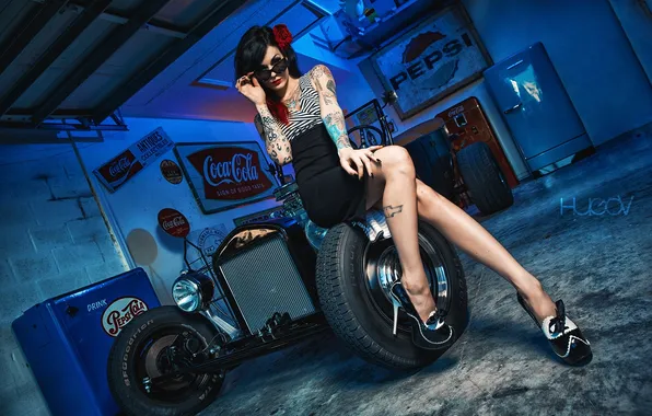 Model, women, painted nails, looking at viewer, women with cars, inked girls, women indoors, women …