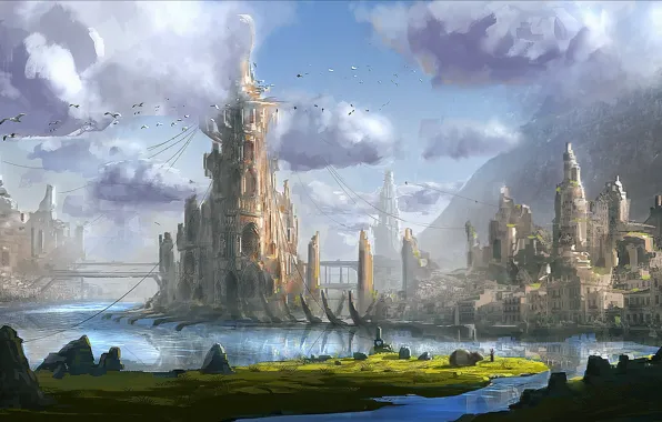 Картинка вода, горы, мост, город, башня, арт, фантастический мир