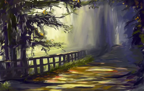 Картинка дорога, деревья, ограда, нарисованный пейзаж