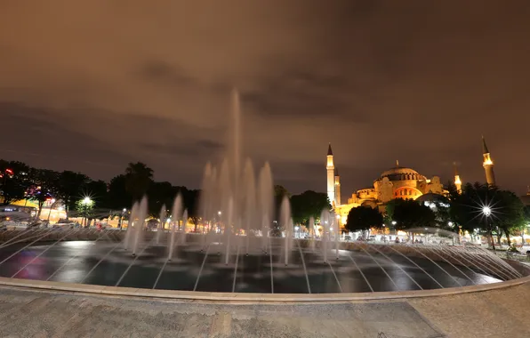Ночь, огни, собор, фонтан, мечеть, Стамбул, Турция, минарет
