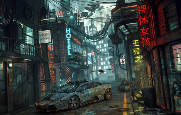 Япония, реклама, переулок, автомобиль, мир будущего, sci fi, Фантастический арт