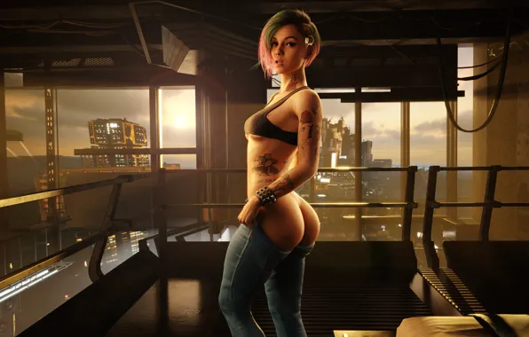 Попка, девушка, персонаж, сексуальная, одевается, Cyberpunk 2077, Judy Alvarez, Джуди Альварес