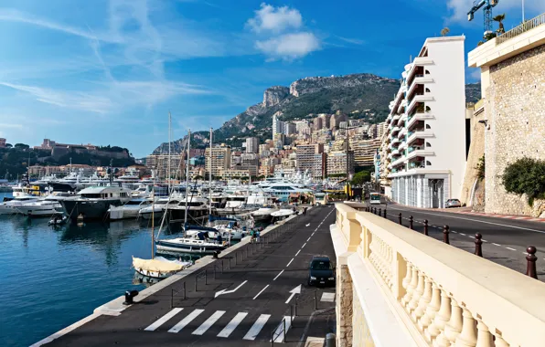 Дорога, горы, яхта, причал, Monaco, Монако, Monte Carlo, Houses