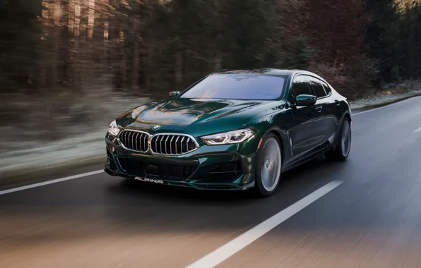 Деревья, скорость, BMW, шоссе, Gran Coupe, 2022, ALPINA B8