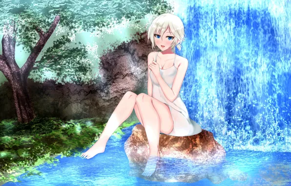 Girl, sexy, Anastasia, cleavage, dress, nature, boobs, stone